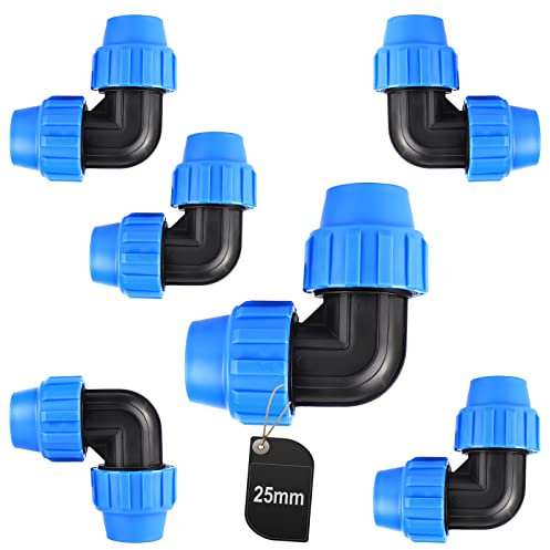 SWAWIS PP-Fitting Verschraubung für PE Rohr 25mm PE Rohr Verschraubung Winkel 90° Kunststoff PP Kupplung Blau, 6 Stück