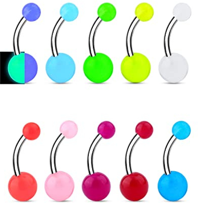 CM Crareesi Mania 10 Stück Bauchnabelpiercings Leuchtet im Dunkeln 14G Acryl/Chirurgenstahl Flexibel Bunt Bananabells Bauchnabel Piercing Schmuck
