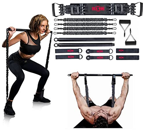 INNSTAR Portable Home Gym Set with Workout Bar, Bench Press Set, Squat Resistance Band, Door Anchor and More-Full Body Workout Equipment to Build Muscle and Shape Body (Men|200LB 10 Rope)