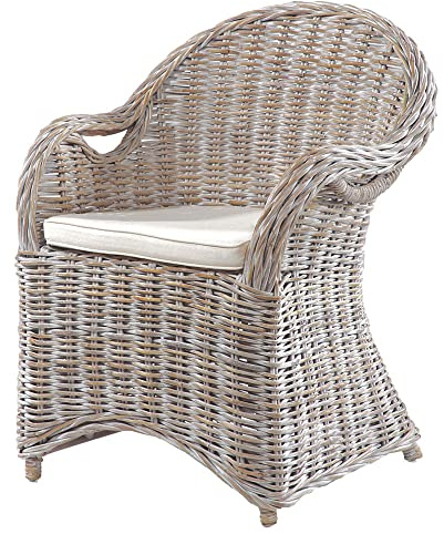 Lomadox Terrassen Sessel Gartenstuhl Gartensessel Balkonsessel aus Naturrattan in White wash, B/H/T: ca. 56/88/64 cm