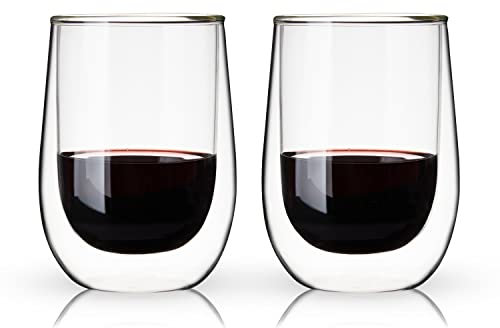 True Double Walled Stemless Drinking White and Red Wines, Insulated Tumblers, Glass Cup, Kitchen Glassware 10 oz, Set of 2, Clear