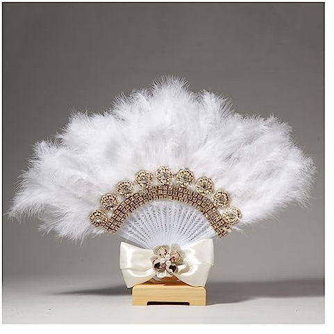 Yurosiay White Feather Fan Hand Fan Feather with Gold Rhinestone Bows Fan Feathers Elegant Bridal Hand Fan Wedding Dance Fan with Feathers Large Feather Fan for Wedding Gatsby Party