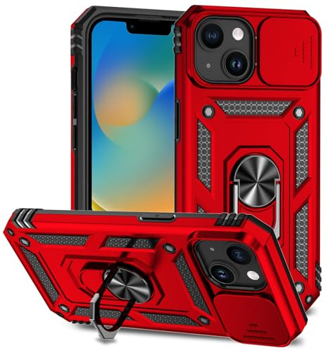 IMIRST Phone Case Compatible with iPhone 15 Plus Shockproof Tough Heavy Duty Built-in Kick Stand Sliding Cover Military Protective Outdoor Sport Bumper for Apple iPhone 15 Plus. JS Red