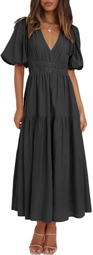 MessBebe Women's Summer Maxi Dress Puffy Sleeve V Neck Boho Party Beach Tiered Ruffle Flowy Long Smocked Dresses Black