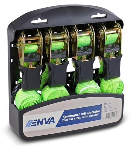 ENVA Spanngurt mit Ratsche + 2 Haken 5m Set 4 Stück Zurrgurte für sicheren Transport Ratschengurte Befestigungsgurte Ratschenspanngurte TüV/GS geprüft
