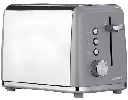 Daewoo Kensington, Toaster 2 Slice, Stainless Steel, Removable Crumb Tray, Defrost, Reheat And Browning Controls, Cancel Function, High Lift Lever, Easy To Clean, Grey