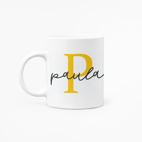 C&P Taza Personalizada blanco brillo con Inicial y Nombre de cerámica 350 ML (PAULA)