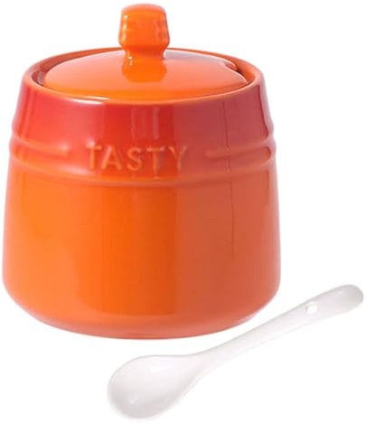 TYMYYS Sucrier Avec Couvercle Et Cuillère, Récipient à Sucre Avec Cuillère, Sucriers Pour Comptoir, Bol à Sel En Céramique Avec Couvercle-orange-240ml/8.5oz