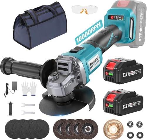 SEESII Smerigliatrice Angolare a Batteria 125mm, Smerigliatrice Angolare Senza Fili con 2 Batterie da 4000mAh, Motore Brushless 10.000 Giri/min, Dischi da Taglio, Ruote Lamellari