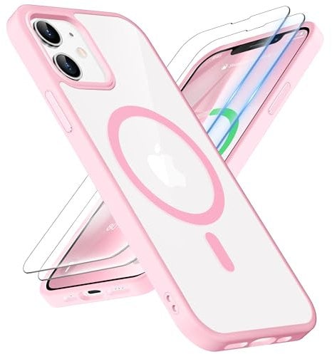 ORETECH Coque pour iPhone 12/12 Pro avec 2 Verre Trempé Protection écran, Etui Transparente Arrière Anti Rayures Antichoc Coque Magnétique pour iPhone 12 Compatible avec Mag-Safe 6.1 Rose Clair