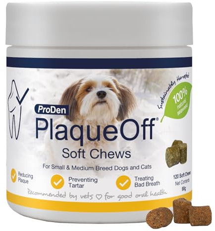 ProDen PlaqueOff Soft Chews für Zahnpflege Hund, Dose mit 120 Leckerli, Natürlicher Zahnsteinentferner, für kleine und mittelgroße Hunde, Mundgeruch und Zahnbelag entfernen