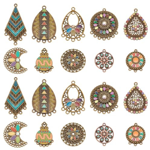 WADORN 10 Stile Antik Bronze Boho Kronleuchter Verbinder Charms, 20 Stücke Bunte Metall Hohlverbinder Charms Tibetischen Stil Filigrane Komponenten Links für DIY Handwerk Schmuck Herstellung Zubehör