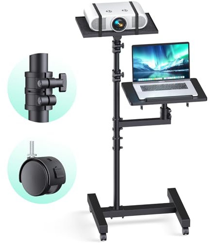 Projector Stand Tripod: 2 Shelves Mobile Laptop Cart Adjustable Height 45 to 64 Inches, Rolling Laptop Stand Cart with Ventilated Tray, Projector Tripod Stand on Wheels for Couch, Bedside, Meeting