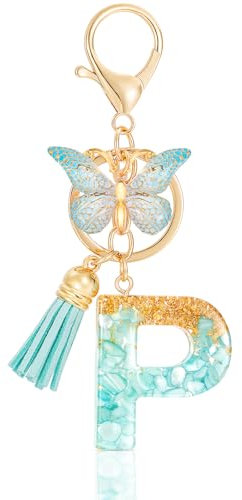 MWOOT Letter P Keychain Initiale Buchstaben-Schlüsselanhänger,Alphabet Harz Key Chain mit Schmetterling Quaste Anhänger Handtasche Geldbörse Charm,Grün Keyring für Frauen(P)