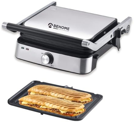 BEHOME Griglia Elettrica Antiaderente in Ghisa con Piastre Removibili 2000W | Griglia Elettrica Barbecue Temperatura Regolabile e Vaschetta Raccogli Grasso