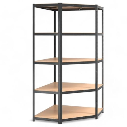 Briconess.com Eckregal aus verzinktem Stahl mit 5 Holzböden, 40 x 70 x 40 x 90 x 90 x 180 cm, ideal für Garage und Lager