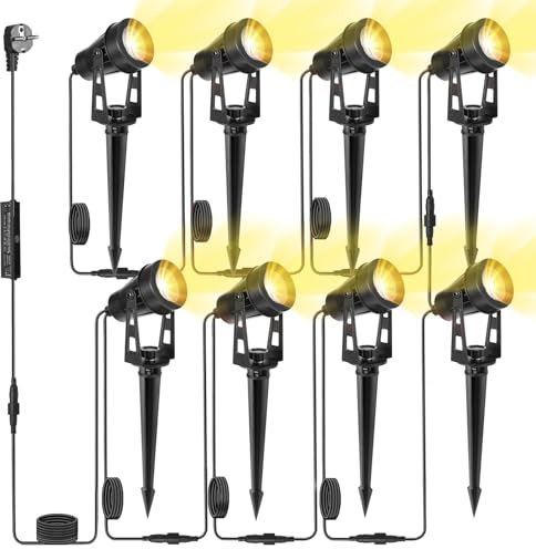 HUAEU Illuminazione da Giardino 20 Metri 6 in 1 - Kit LED Esterno 3000K Bianco Caldo IP65 Impermeabile 12V con Spina, Luci da Terra per Percorsi, Terrazze, Alberi, Prati (Bianco Caldo, 8 IN 1)