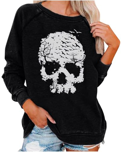 WINKEEY Damen Halloween Sweatshirt Schädel Grafik T Shirts Langarmshirt Pullover Gothic Tops Skelett Kostüm Funny Halloween Costume,Schwarz6 2XL