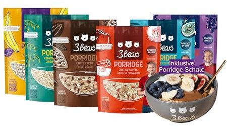 3Bears Porridge Lover-Set inkl. Schale in Anthrazit I 6x400g Porridges: Feiner Kakao, Zimtiger Apfel, Mohnige Banane, Fruchtige Kokosnuss, Dreierlei Beere & Kerniger Klassiker | Rein natürliche Süße