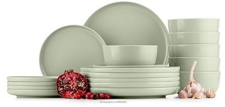 Konsimo. Geschirrset 6 Personen - VICTO Teller Set Modern 18 Teilig - Tafelservice & Geschirrsets - Kombiservice 6 Personen - Steingut Service für Familie - Geschirr Grün Matt - Plates - Essgeschirr