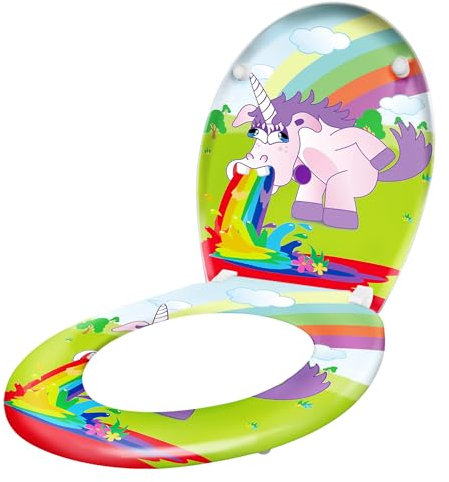 Yznahre WC Sitz mit Absenkautomatik, Universal Größe Toilettensitz aus Hartplastik Klodeckel aus Duroplast, stabile Scharniere - Buntes Einhorn