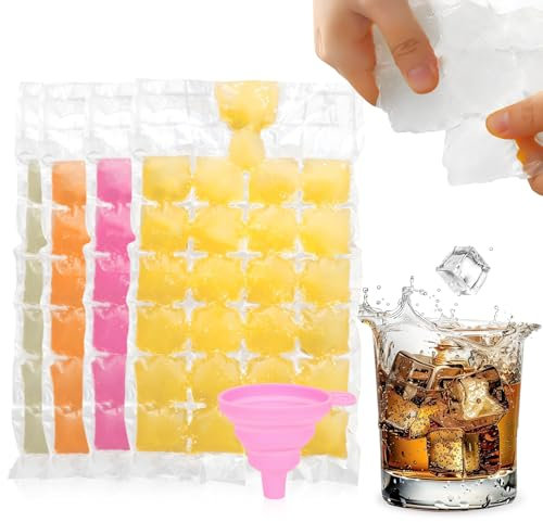 Ice Cube Bags 30-Pack (720 Cubes) with Silicone Funnel Self-Sealing Ice Cube Bags for Freezing, Disposable Ice Cube Bags, Food Grade PE Ice Cube Mould Trays for Whiskey, Drinks, Kitchen BBQ Parties