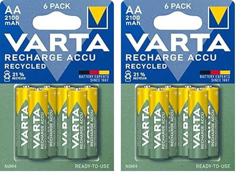 VARTA Piles AA, Rechargeables, Lot de 12, Recharge Accu Recycled, 2100 mAh Ni-Mh, fabriquées avec 21% de matériaux recyclés, préchargées, prêtes à l'emploi
