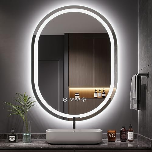 Dripex Espejo de Baño con Luz LED, Espejo Ovalado, Antivaho, Dimmable, con Pantalla Reloj/Temperatura, Función de Memoria, IP44, IRC 90+, Espejo Multifuncional Decorativo para Baño