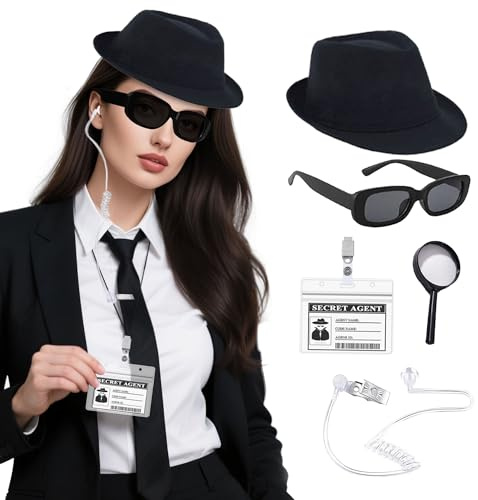 Agent Kostüm Zubehör Set Geheimdienst Detektiv Kostüm Outfit Kit Brille | 5PCS Agent Kostüm Zubehör Set Geheimdienst Detektiv Kostüm Outfit Kit Brille Krawatte ID Badge für Jugendliche Erwachsene