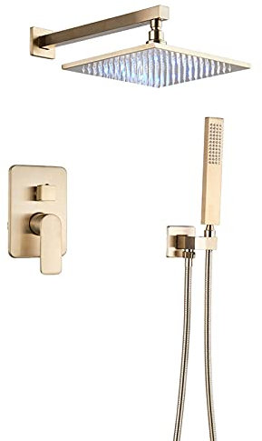 Système de Douche Or brossé, pommeau de Douche à Effet Pluie à LED avec douchette à Main, Robinet de Douche Mural à poignée Unique en Laiton, mitigeur de Douche, 10 Pouces