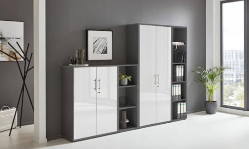 Aktenschrank TABOR 4 Büroschrank Ordnerschrank viel Stauraum 4-teilig | Ideal für DIN A4 Ordner & Büromaterial, abschließbar, Metallgriffe in anthrazit / weiß Hochglanz