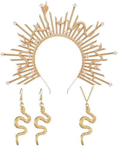 Griechische Medusa Kostüm Goldene Göttin Sonnenstrahl Zauberin Schlange Halo Krone Ohrringe Halskette 3er-Set für Frauen Faschingskostüme Renaissance Karneval Halloween Party