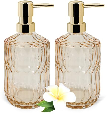 2 Pcs Glass Soap Dispenser with Pump, 13.5 Oz/400 ml Washing up Liquid Dispenser, BPA Free Refillable Non-slip Pump Bottle for Shampoo, Shower Gel in Bathroom, Kitchen, Countertop, Laundry Room, Hotel