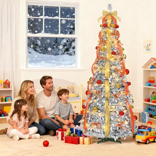 UISEBRT Pop-Up Weihnachtsbaum Künstlich Mit Beleuchtung,Band,Schleife,Faltbar Christbaum mit 8 Beleuchtungsmodi,IP44 Wasserdicht für Außen Innen Deko,180cm mit 150 LEDs,Rot-Gold,beflockt