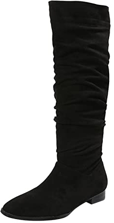 2026 Damen Schneestiefel, modisch, einfarbig, beflockt, knittert, spitz, flach, lässig, lang, Schwarz , 40 EU