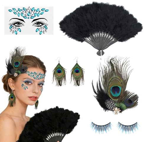 Herbst 5 Stück Pfau Kostüm Damen Mädchen, Karneval Feder | Haarreif Federfächer Ohrringe Wimpern Gesichtsaufkleber, Pfauen Kostüme Accessoires Fasching Mottoparty Halloween Cosplay (B)
