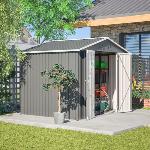 Abri de Jardin en métal Gris Anthracite de 2,4 x 1,8 m avec Porte à charnières – Idéal pour Ranger et Ranger Vos Outils de Jardin.