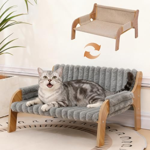 NICEME Elevated Wooden Cat Sofa Bed, Small Raised Cat Furniture with Replaceable Washable Warm/Cool Cushions for Indoor Cats (Grey, S)