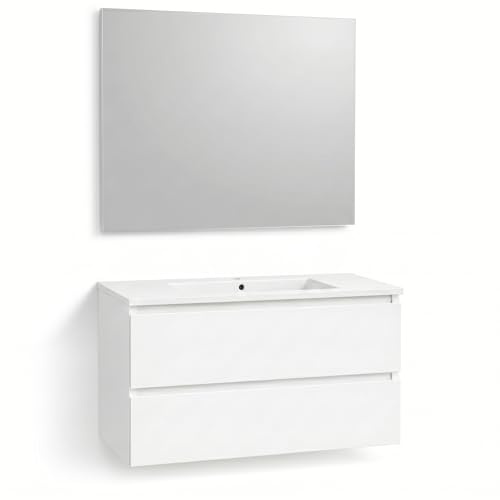 NEBADOON Mueble Baño con Lavabo Y Espejo Mueble Suspendido De 2 Cajones con Cierre Suave Silent System Montado En Acabado Blanco 80 Cm Ancho 45 Cm Fondo 52 Cm Alto