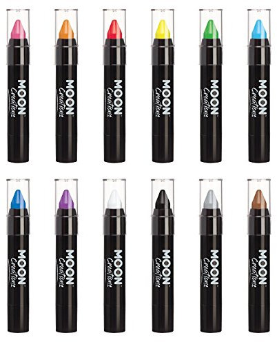 Moon Creations Pintura facial en barra | Set de 12 | 3.2g | Pintura facial resistente al sudor y al agua | Sin Crueldad | Para niños, adultos, disfraces, festivales, Halloween