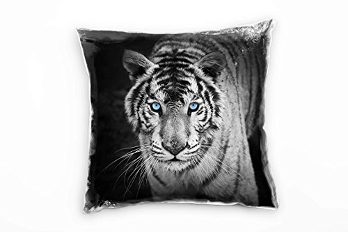 Paul Sinus Art Tiere, schwarz, weiß, Tiger mit blauen Augen, Nah Deko Kissen 40x40cm für Couch Sofa Lounge Zierkissen - Dekoration zum Wohlfühlen