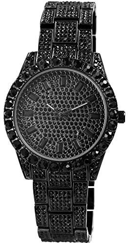 King Star Damenuhr Schwarz Strass Analog Metall Quarz Bling Hip Hop Armbanduhr