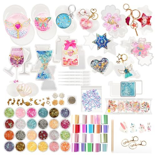 musykrafties Resin Shaker Silicone Moulds Set Jewellery Pendant Charm Supplies, Hourglass, Seashell, Heart, Flower, Perfume Bottle, Geometric 132 Kits