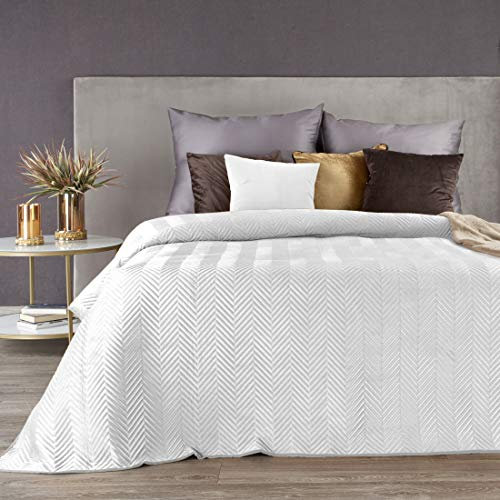 Eurofirany Tagesdecke Sesseldecke Sofadecke Velvet Samt Steppdecke für Wohnzimmer und Schlafzimmer (Sofia Weiß, 200 x 220 cm)