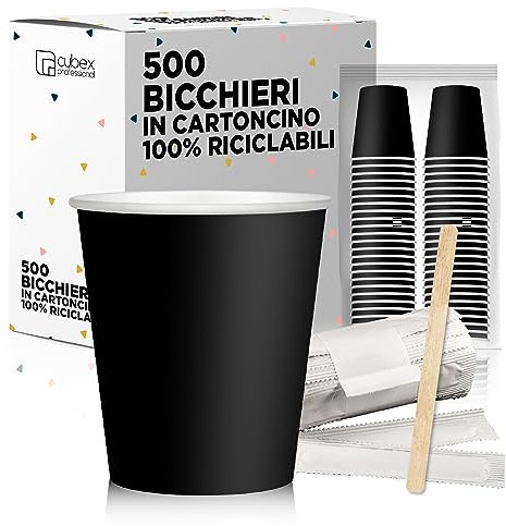 cubex professional 500 Bicchieri in cartoncino da 75 ML Neri + 500 Palette in Legno da 14 cm, per Caffè, Acqua, Bevande Calde e Fredde, 100% Riciclabili