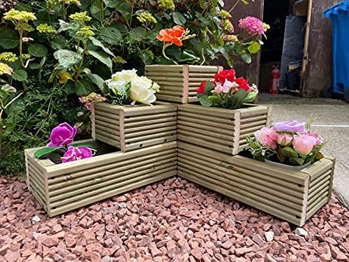 Seal Products Ltd 3 Tier Garden Patio Decking Corner Planter Treated Timber-Complimentary Artificial Flowers Included