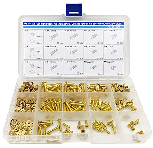 M3 M4 M5 Phillips Brass Countersunk Head Machine Screws Nuts Washers Assortment
