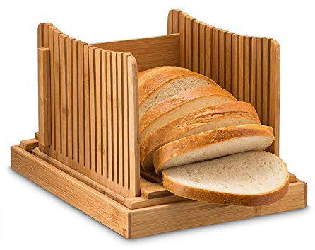 FZYE Trancheuse à Pain en Bambou, Guide de Coupe de Pain, Planche à Pain, 3 épaisseurs, Naturel et sain, Pliable et Compact avec Plateau à miettes pour Pain Fait Maison, Pains, gâteaux,