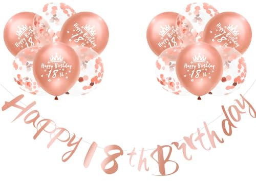 Girls Happy 18th Birthday Banners Rose Gold 18th Happy Birthday Banner Bunting Including 12 Pack 12” Latex Printed Balloons Girls Decorations Supplies