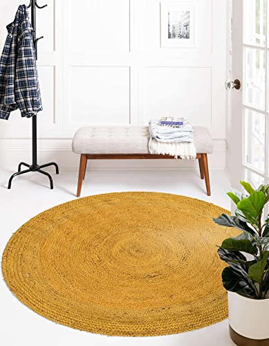 Agro richer Handgewebter Jute-Teppich 60 cm Rund Gelb Garn Rustikal Vintage Gelb Geflochten Wendeteppich Teppiche für Schlafzimmer Küche Wohnzimmer Bauernhaus, YJR-2x2